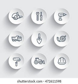construction line icons, equipment and tools, trowel, tape-measure, roller, drill, bulldozer, truck