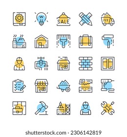 Construction line icons. Set of construction icons. Black, blue and yellow colors. Modern outline graphic design. Vector line icons set