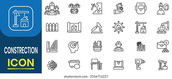 Construction line icons set. Build and House construction icon, vector set. Home repair tools icons collection. Construction tools, builders, project, build, equipment symbols. Vector illustration.