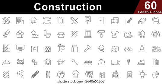 Construction Line Icons Set - Building, Renovation, Engineering and Tools Symbols