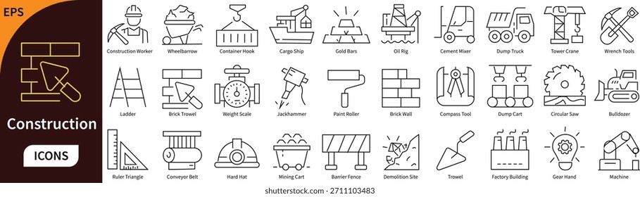 Conjunto de ícones da linha de construção. Indústria da Construção, Máquinas Pesadas, Ferramentas de Engenharia e Símbolos do Vetor Operário Industrial.	