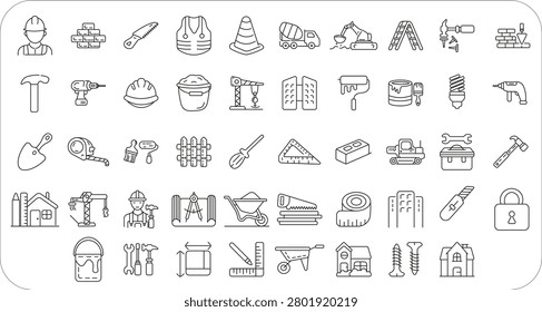 Construction Line Icons Set. Building Tools, Worker, Machinery and Architecture Outline Collection