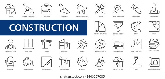 Construction line icons set. Flat web icon set construction, home repair tools. Construction vehicle, elements, tools.