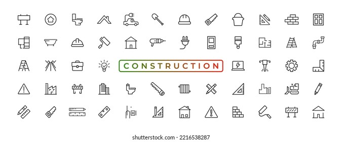Construction line icons set. Home repair tools outline icons collection. Construction tools, builders, and equipment symbols. Builder, crane, engineering,- stock vector.
