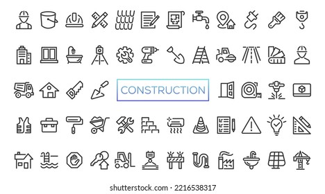 Construction line icons set. Home repair tools outline icons collection. Construction tools, builders and equipment symbols. Builder, crane, engineering, equipment, helmet, tool, house