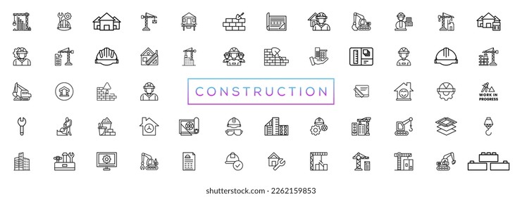 Construction line icons set. Home repair tools outline icons collection. Construction tools, builders and equipment symbols. Builder, crane, engineering, equipment, helmet, tool, house