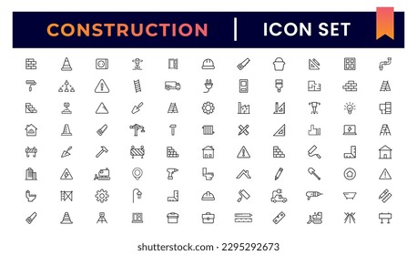 Construction line icons set. Home repair tools outline icons collection. Construction tools, builders and equipment symbols. Builder, crane, engineering, house - stock vector.
