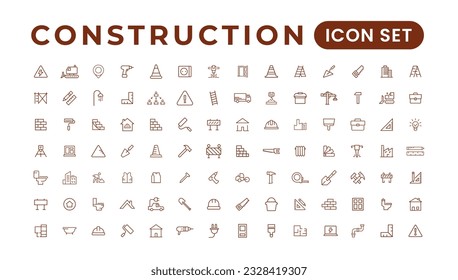 Construction line icons set. Home repair tools outline icons collection. Construction tools, builders and equipment symbols. Builder, crane, engineering, equipment, helmet, tool, house.