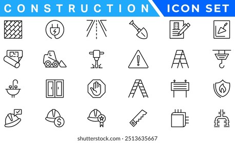 Conjunto de ícones da linha de construção. Coleção de ícones de contorno de ferramentas de reparo doméstico. Ferramentas de construção, construtores e símbolos de equipamentos. Construtor, guindaste, engenharia, equipamento, capacete, ferramenta, casa