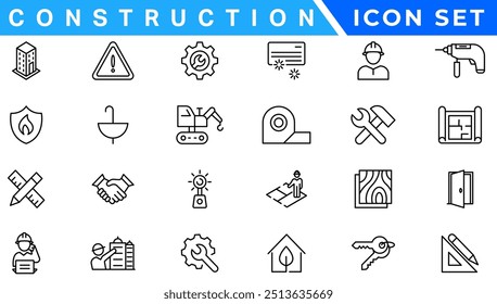 Construction line icons set. Home repair tools outline icons collection. Construction tools, builders and equipment symbols. Builder, crane, engineering, equipment, helmet, tool, house
