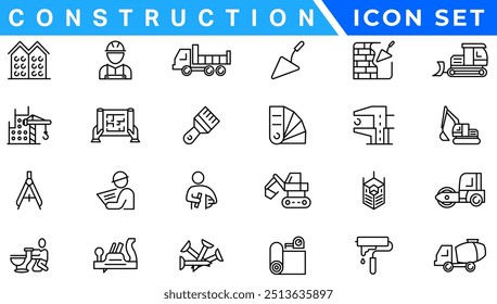 Conjunto de iconos de línea de construcción. Herramientas de reparación para el hogar colección de iconos de contorno. Herramientas de construcción, constructores y símbolos de equipos. Constructor, grúa, ingeniería, equipo, casco, herramienta, casa