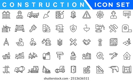 Construction line icons set. Home repair tools outline icons collection. Construction tools, builders and equipment symbols. Builder, crane, engineering, equipment, helmet, tool, house