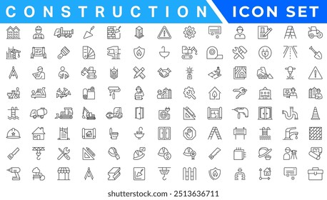 Construction line icons set. Home repair tools outline icons collection. Construction tools, builders and equipment symbols. Builder, crane, engineering, equipment, helmet, tool, house