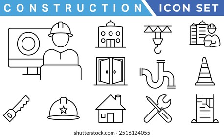 Construction line icons set. Home repair tools outline icons collection. Construction tools, builders and equipment symbols. Builder, crane, engineering, equipment, helmet, tool, house