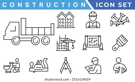 Construction line icons set. Home repair tools outline icons collection. Construction tools, builders and equipment symbols. Builder, crane, engineering, equipment, helmet, tool, house