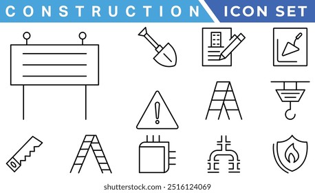 Construction line icons set. Home repair tools outline icons collection. Construction tools, builders and equipment symbols. Builder, crane, engineering, equipment, helmet, tool, house