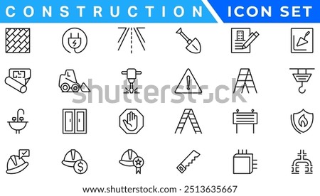 Construction line icons set. Home repair tools outline icons collection. Construction tools, builders and equipment symbols. Builder, crane, engineering, equipment, helmet, tool, house