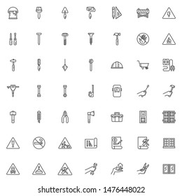 Construction line icons set. linear style symbols collection outline signs pack. vector graphics. Set includes icons as repair service, hammer, home, under construction sign, safety barrier, blueprint