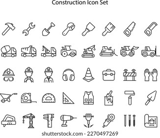 Iconos de línea de construcción establecidos en fondo blanco. Colección de iconos de esquema de herramientas de reparación en el hogar. Herramientas de construcción, constructores y símbolos de equipamiento. Constructor, grúa, ingeniería, equipo, casco, herramienta.