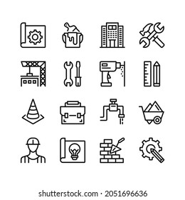 Construction line icons. Set of outline symbols, simple graphic elements, modern linear style black pictograms collection. Vector line icons set