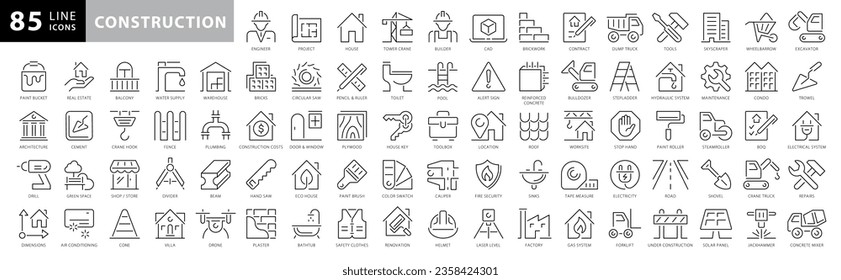 Construction line icons set. Outline web icon set, home repair tools. vehicle, elements, tools