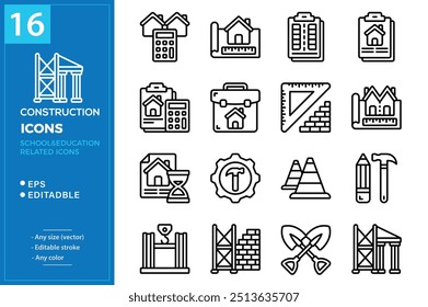 Conjunto de iconos de línea de construcción. Conjunto de iconos de Web de contorno, herramientas de reparación para el hogar. vehículo, Elementos, herramientas