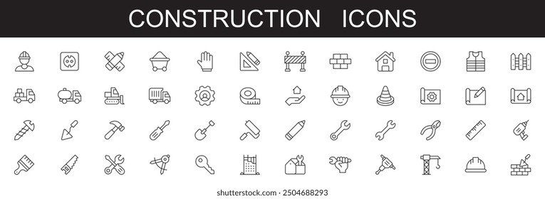 Construction line icons set . vector illustration . on white background . tools icons . building, repair, paint, roller, step, trowel, crane, real estate, editable stroke line icons .