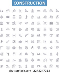 Construction line icons, signs set. Build, Construct, Constructing, Erect, Fabricate, Framework, Architecture, Structure, Constructible outline vector illustrations.