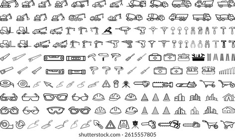 Construction Line Icons Silhouette vector illustrator. Vehicles, Tools, Safety Equipment, Architecture Symbols Set