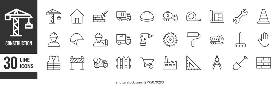 Construction line icons, vector illustration of building tools, equipment, machinery, and safety gear for architecture projects