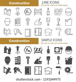 Construction line and simple icons set for web and mobile design