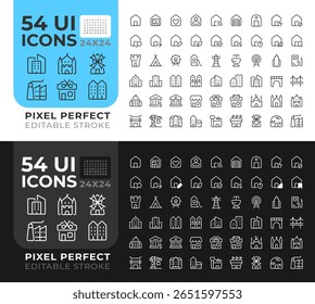 Ícones de interface do usuário da linha de construção definidos para os modos claro e escuro. Setor público, casas. Residências da cidade, edifícios. iconografia de símbolos de contorno vetorial. Elementos de interface do usuário lineares, pixel perfect