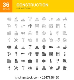 Construction Line Web Glyph Icons. Vector Illustration of Industrial Outline and Solid Symbols. 