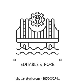 Construction linear icon. Building bridge. Safe and reliable materials. Development work. Thin line customizable illustration. Contour symbol. Vector isolated outline drawing. Editable stroke