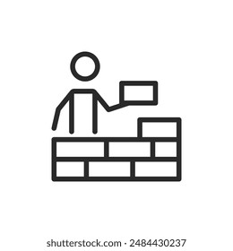 Konstruktion, Symbol für linearen Stil. Eine Person, die eine Mauer baut. Bearbeitbare Strichbreite