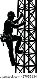 Construction lineman climbing tower silhouette, high voltage electric worker graphic element, engineering technician industrial building isolated digital illustration