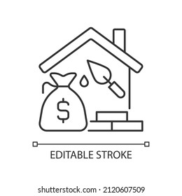 Construction Loan Linear Icon. Self Build Loan. Get Credit For House Building. Home Project. Thin Line Illustration. Contour Symbol. Vector Outline Drawing. Editable Stroke. Arial Font Used