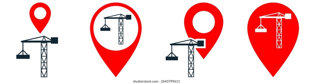 Construction location icon vector, pinpointing a building site or development area. Great for maps, project tracking, real estate, and urban planning visuals.