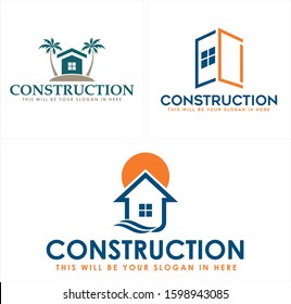 Construction logo with blue orange  home tree palm window sun line art suitable for building company business architecture resort
