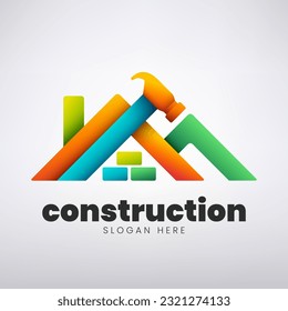 Diseño de logotipos de construcción, construcción creativa con empresa de martillo, ilustración vectorial