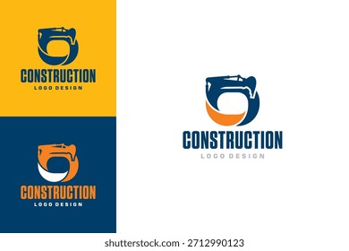 Diseño de logotipo de construcción, con excavadora con O inicial, que simboliza el poder y la fuerza. Aislado sobre fondo blanco.