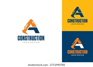 Construction Logo Design, Featuring Excavator Arm with Initial A Icon - Representing Innovation and Progress. Isolated on white background.