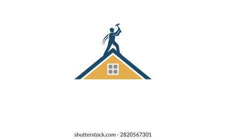 Construction logo design featuring a roofer holding a hammer on a house roof peak, symbolizing roofing services.