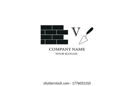 Construction logo design with letter V. Vector icon of brickwork and construction trowel. Monogram for construction organization, shop, office