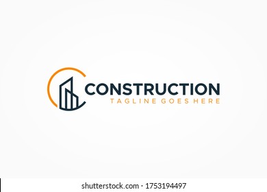 Construction Logo. Geometric Linear Style Initial Letter C with Building Symbol Combination isolated on White Background. Flat Vector Logo Design Template Element.