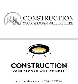Construction logo with grey curve building roof home window and lamp oval line art vector suitable for architects renovation business