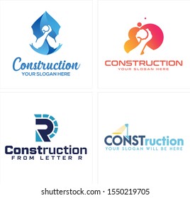 Construction logo with holding hands  droplet water bubble letter R and lamp vector suitable for property service architectural company