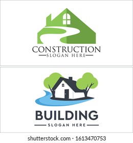 Construction logo with home tree green and street water blue vector suitable for building business company lodging resort