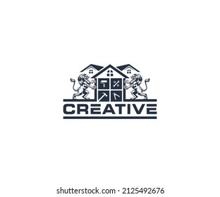 Construction logo from illustration graphic of two lion and home. Perfect for construction company, real estate, service, building, etc. 