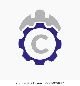 Letra C Del Logotipo De Construcción Con Icono De Engranaje. Logotipo de reparación de arquitectos de ingeniería